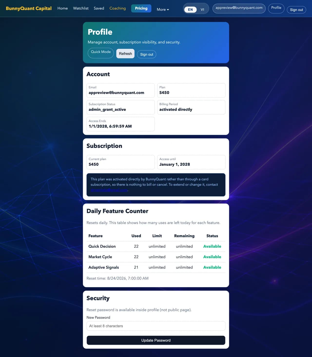 The account page